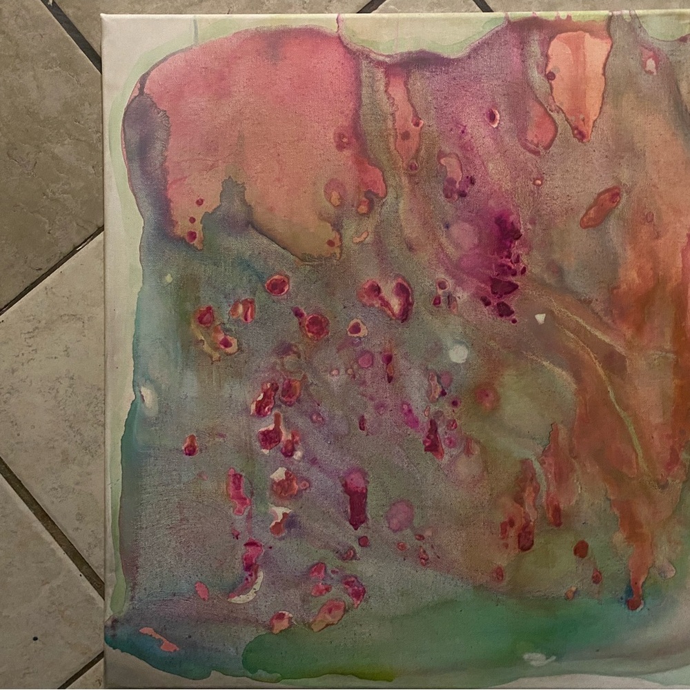 Pink and Green Abstract ink on canvas Painting - Picture 5 of 5
